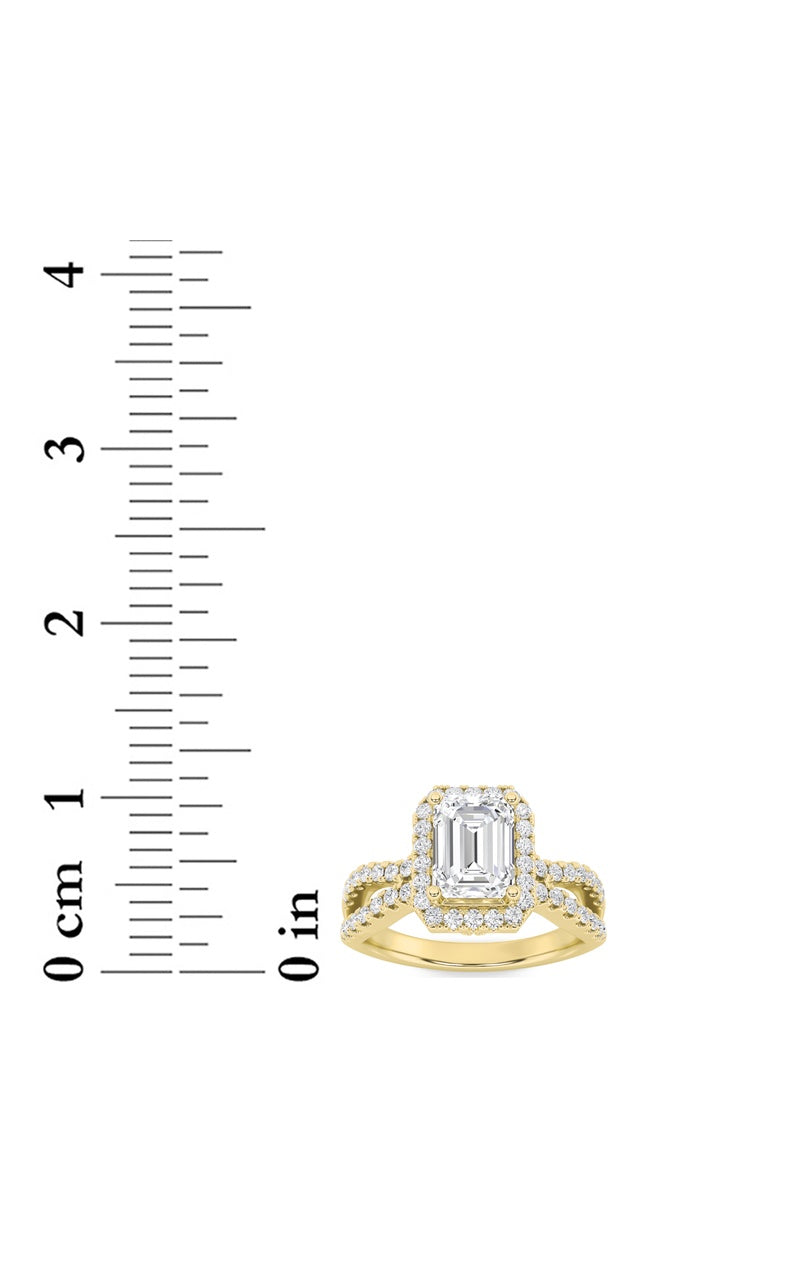 2CTW Emerald Shaped Lab Grown Diamond (G/VS) Split Shank Halo Accented Engagement Ring in 14K Gold