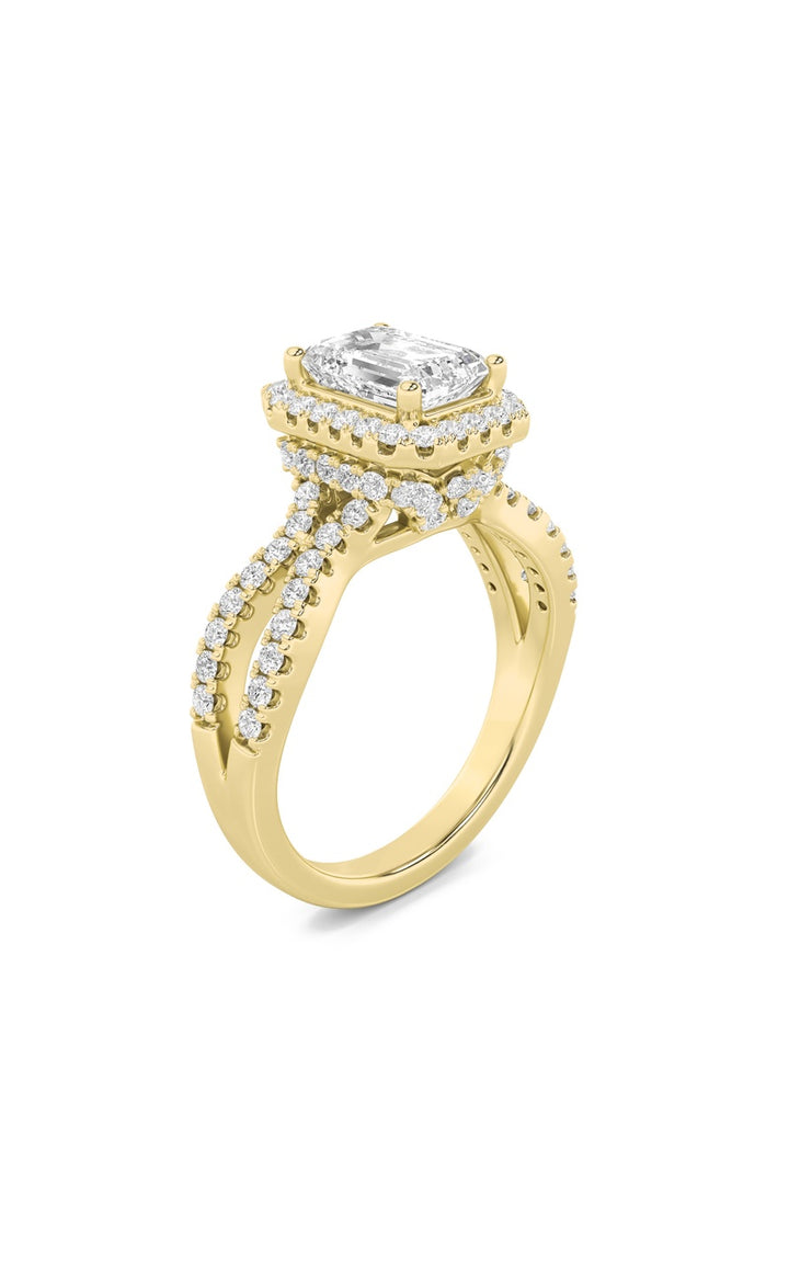 2Cttw Emerald Shaped Lab Grown Diamond (G/VS) Split Shank Halo Accented Engagement Ring in 14K Gold