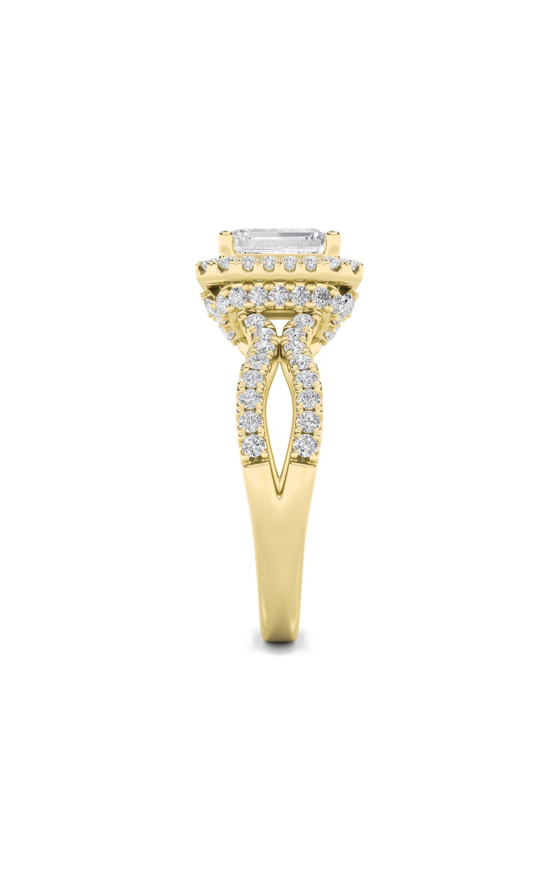 2Cttw Emerald Shaped Lab Grown Diamond (G/VS) Split Shank Halo Accented Engagement Ring in 14K Gold