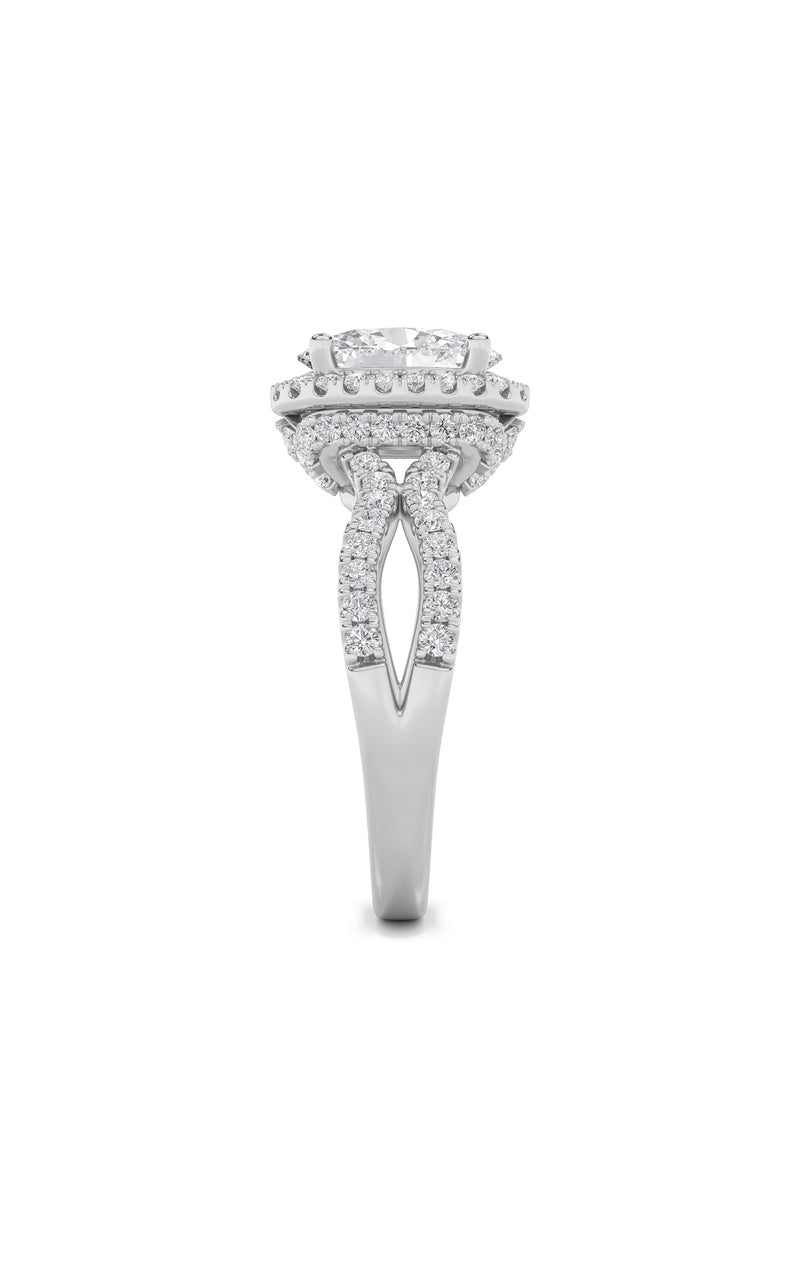 2CTW Oval Shaped Lab Grown Diamond (F/VS) Split Shank Halo Accented Engagement Ring in 14K Gold