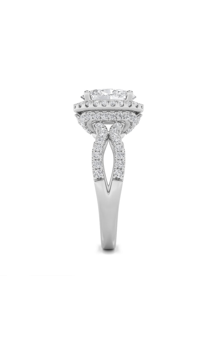 2CTW Oval Shaped Lab Grown Diamond (F/VS) Split Shank Halo Accented Engagement Ring in 14K Gold