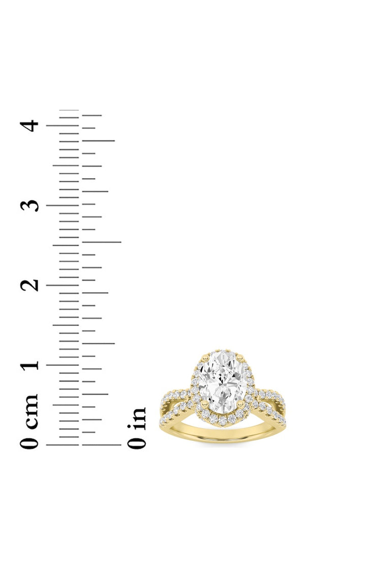 2Cttw Oval Shaped Lab Grown Diamond (F/VS) Split Shank Halo Accented Engagement Ring in 14K Gold
