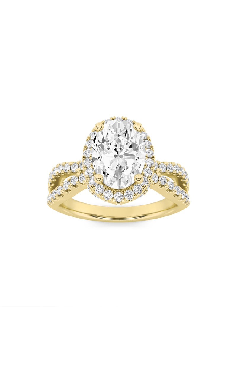 2CTW Oval Shaped Lab Grown Diamond (F/VS) Split Shank Halo Accented Engagement Ring in 14K Gold