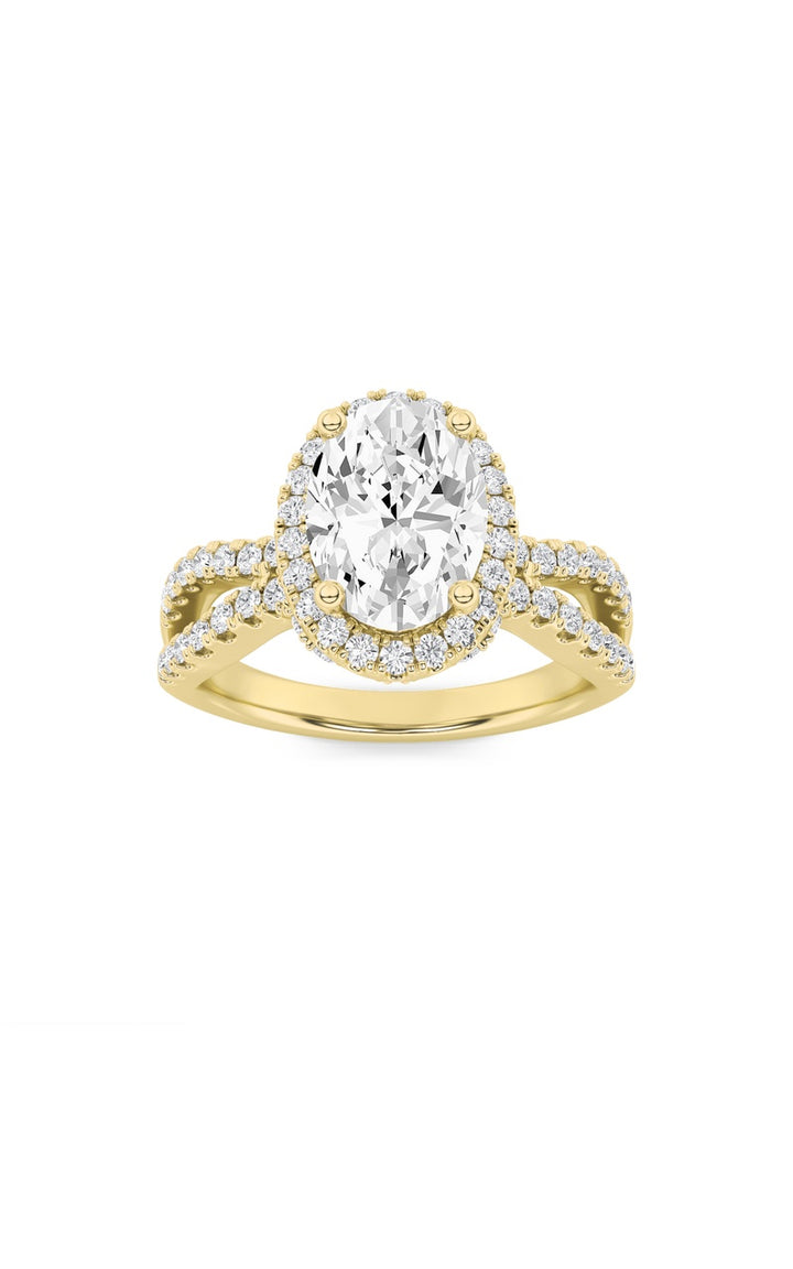 2CTW Oval Shaped Lab Grown Diamond (F/VS) Split Shank Halo Accented Engagement Ring in 14K Gold