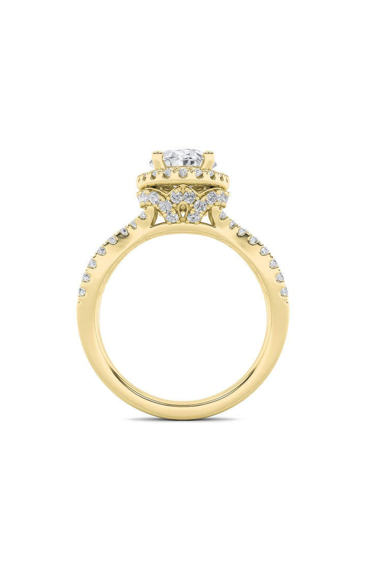 2CTW Oval Shaped Lab Grown Diamond (F/VS) Split Shank Halo Accented Engagement Ring in 14K Gold