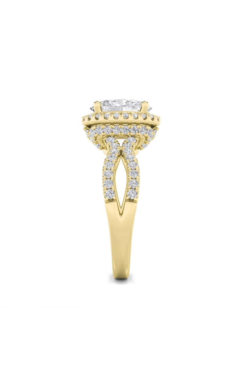 2Cttw Oval Shaped Lab Grown Diamond (F/VS) Split Shank Halo Accented Engagement Ring in 14K Gold