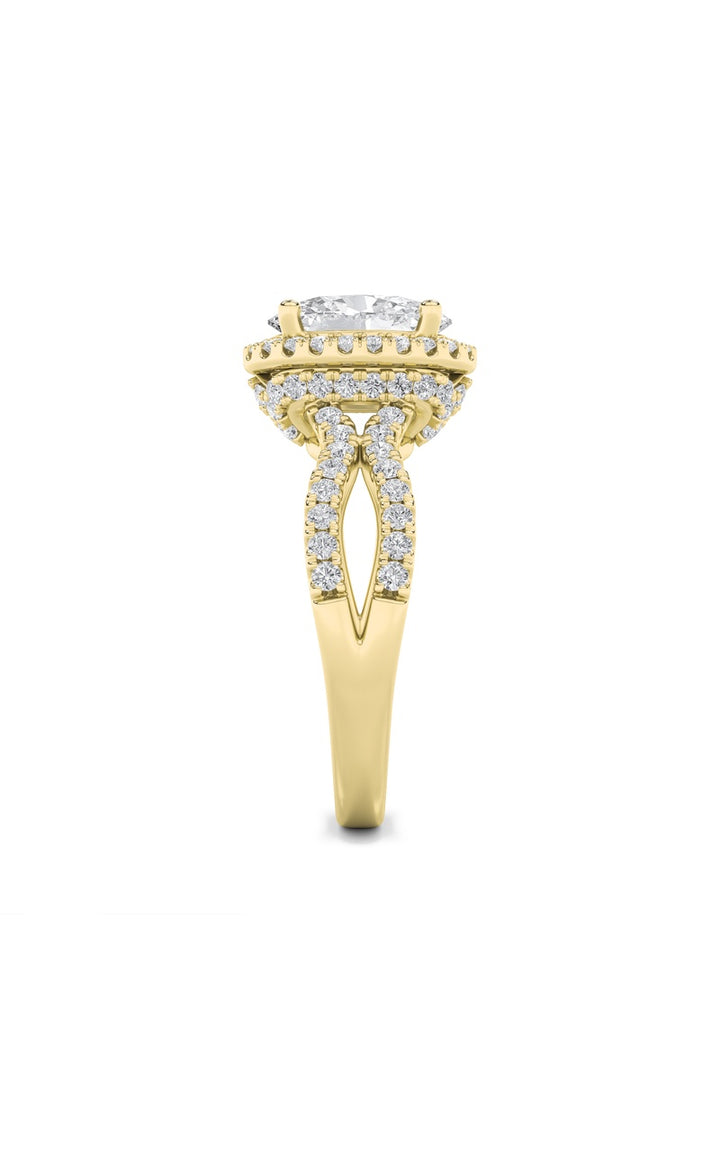 2Cttw Oval Shaped Lab Grown Diamond (F/VS) Split Shank Halo Accented Engagement Ring in 14K Gold