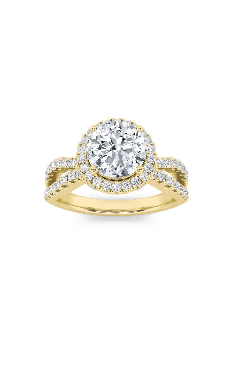 2CTW Round Shaped Lab Grown Diamond (F/VS) Split Shank Halo Accented Engagement Ring in 14K Gold
