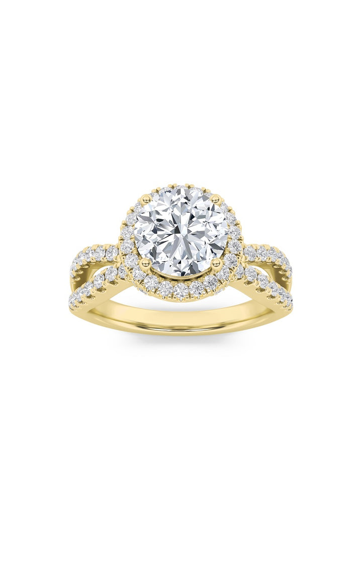 2CTW Round Shaped Lab Grown Diamond (F/VS) Split Shank Halo Accented Engagement Ring in 14K Gold