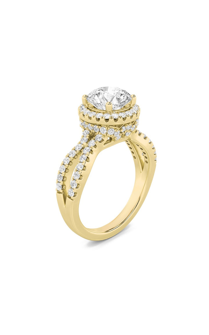 2CTW Round Shaped Lab Grown Diamond (F/VS) Split Shank Halo Accented Engagement Ring in 14K Gold