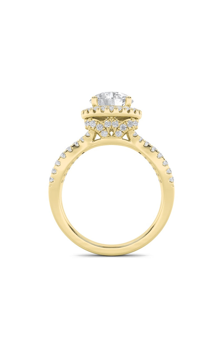 2Cttw Round Shaped Lab Grown Diamond (F/VS) Split Shank Halo Accented Engagement Ring in 14K Gold