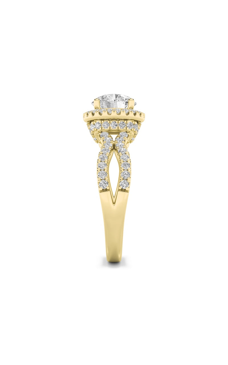 2CTW Round Shaped Lab Grown Diamond (F/VS) Split Shank Halo Accented Engagement Ring in 14K Gold