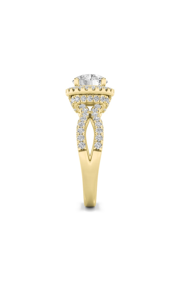 2CTW Round Shaped Lab Grown Diamond (F/VS) Split Shank Halo Accented Engagement Ring in 14K Gold