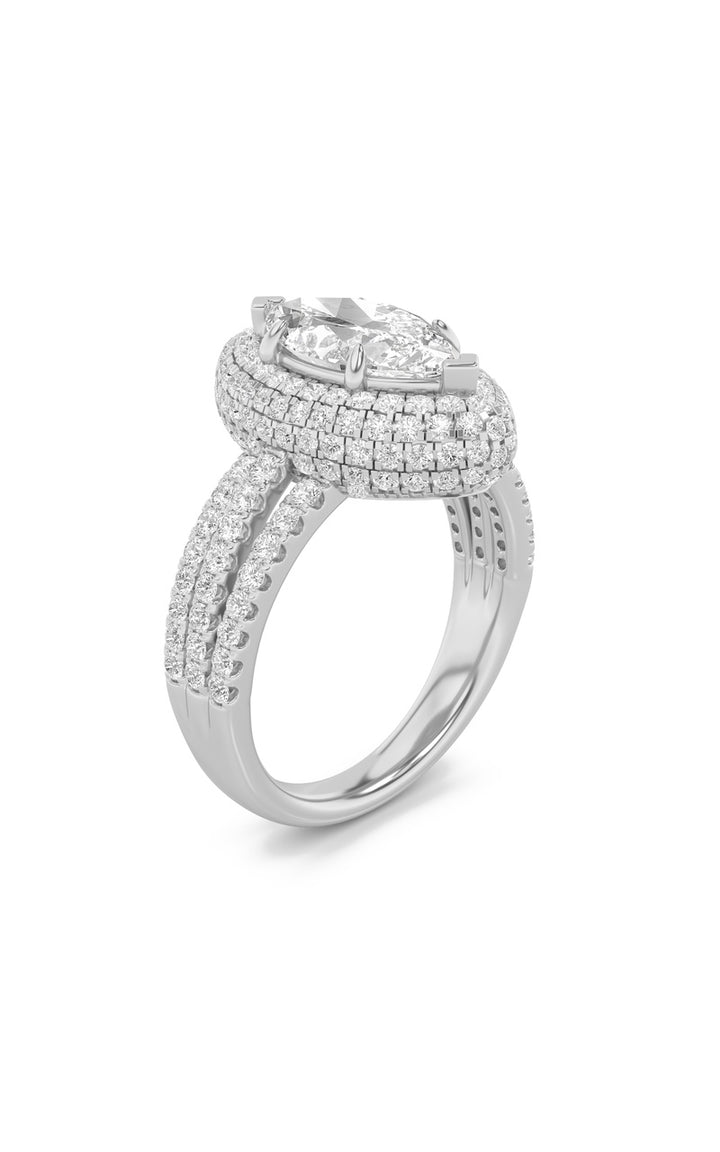 3Cttw Marquise Shaped Lab Grown Diamond (F/VS) Three Row Accented Halo Engagement Ring in 14K Gold
