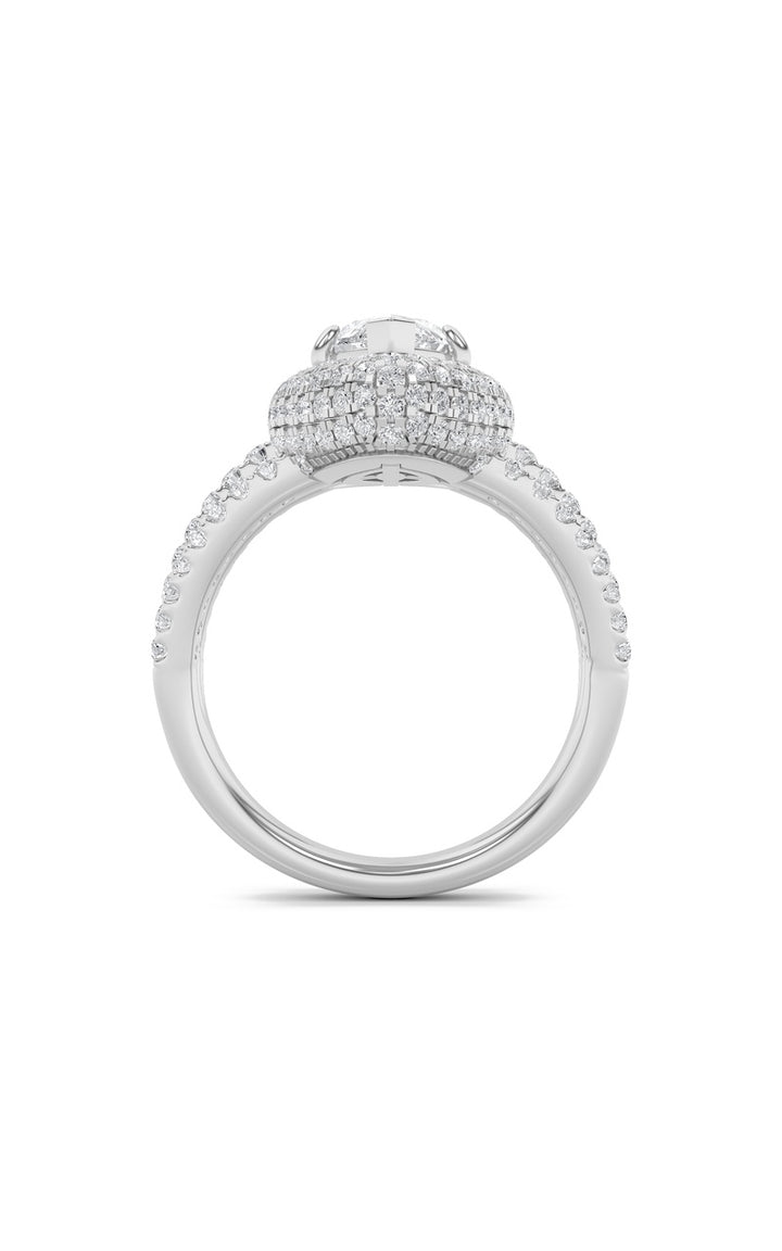 3Cttw Marquise Shaped Lab Grown Diamond (F/VS) Three Row Accented Halo Engagement Ring in 14K Gold