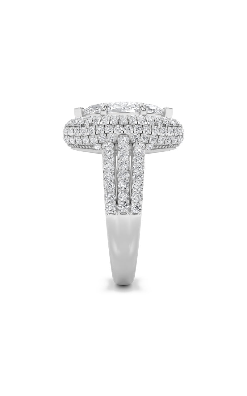 3Cttw Marquise Shaped Lab Grown Diamond (F/VS) Three Row Accented Halo Engagement Ring in 14K Gold