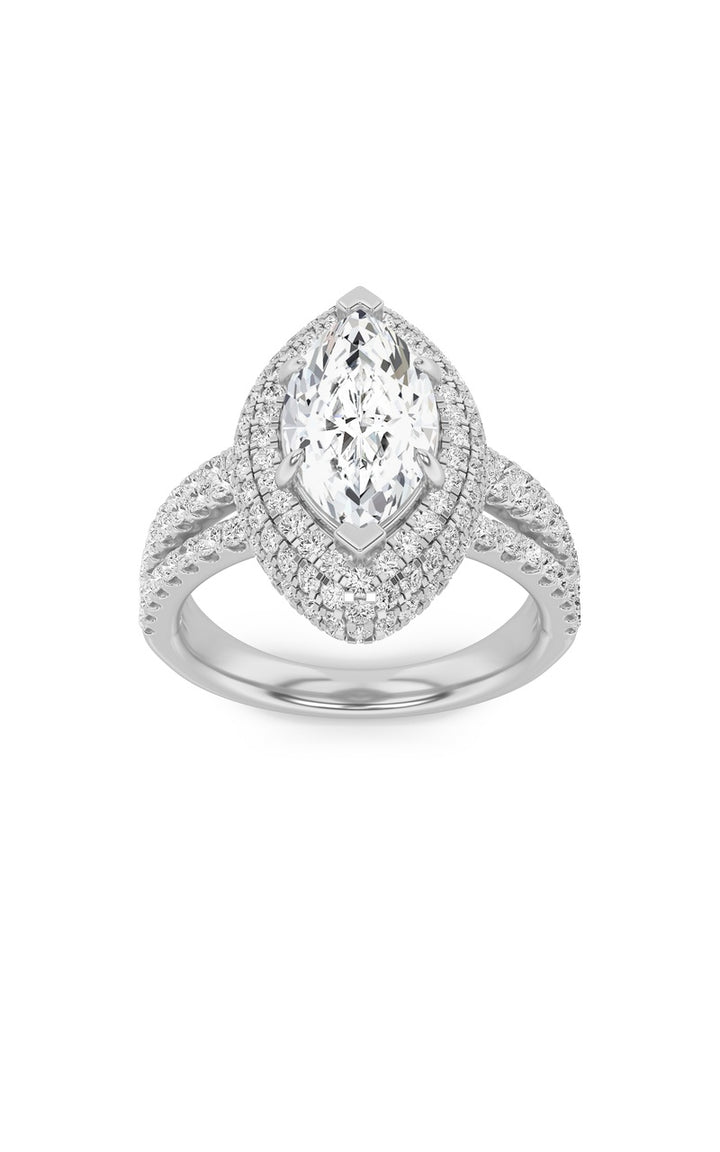 3Cttw Marquise Shaped Lab Grown Diamond (F/VS) Three Row Accented Halo Engagement Ring in 14K Gold