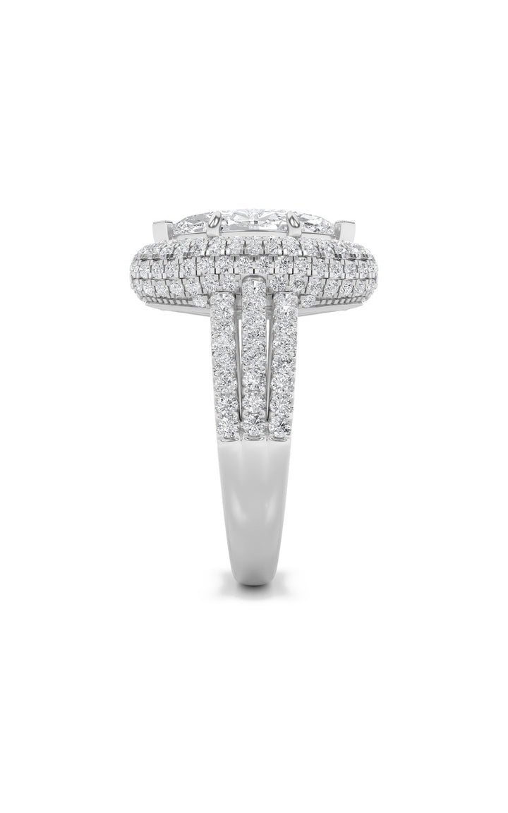 3Cttw Marquise Shaped Lab Grown Diamond (F/VS) Three Row Accented Halo Engagement Ring in 14K Gold