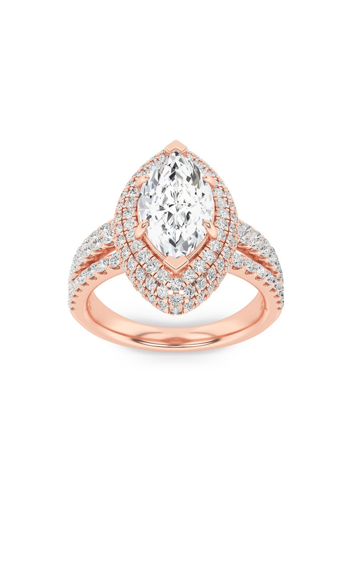 3Cttw Marquise Shaped Lab Grown Diamond (F/VS) Three Row Accented Halo Engagement Ring in 14K Gold