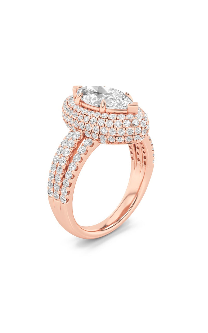 3Cttw Marquise Shaped Lab Grown Diamond (F/VS) Three Row Accented Halo Engagement Ring in 14K Gold
