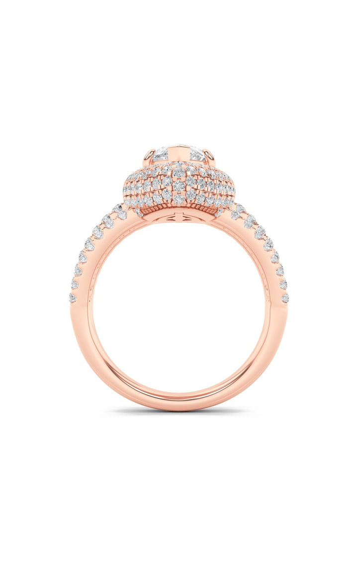 3Cttw Marquise Shaped Lab Grown Diamond (F/VS) Three Row Accented Halo Engagement Ring in 14K Gold