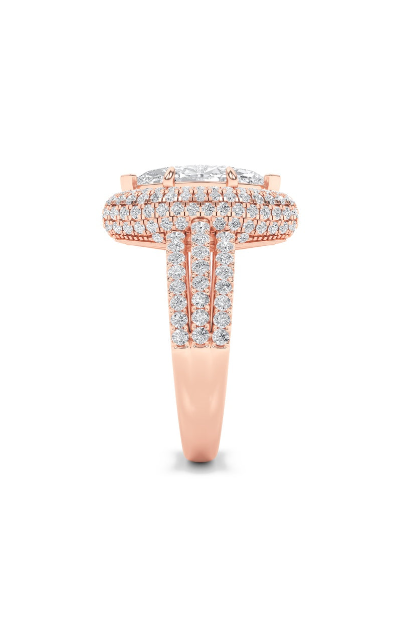 3Cttw Marquise Shaped Lab Grown Diamond (F/VS) Three Row Accented Halo Engagement Ring in 14K Gold