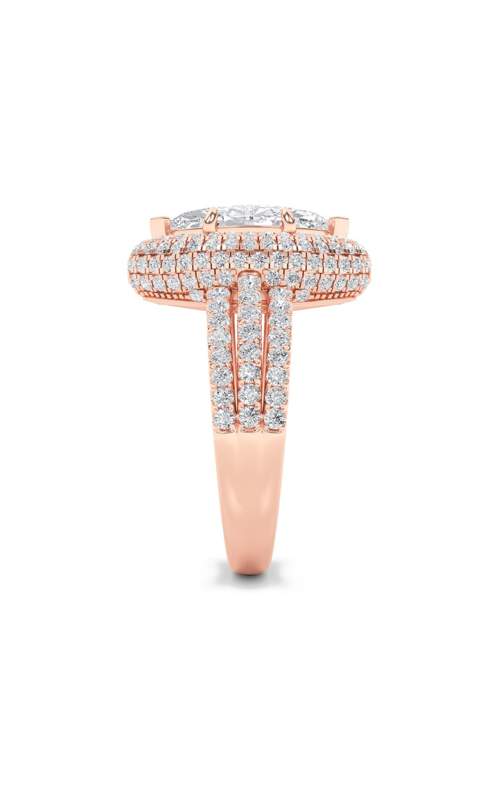 3Cttw Marquise Shaped Lab Grown Diamond (F/VS) Three Row Accented Halo Engagement Ring in 14K Gold