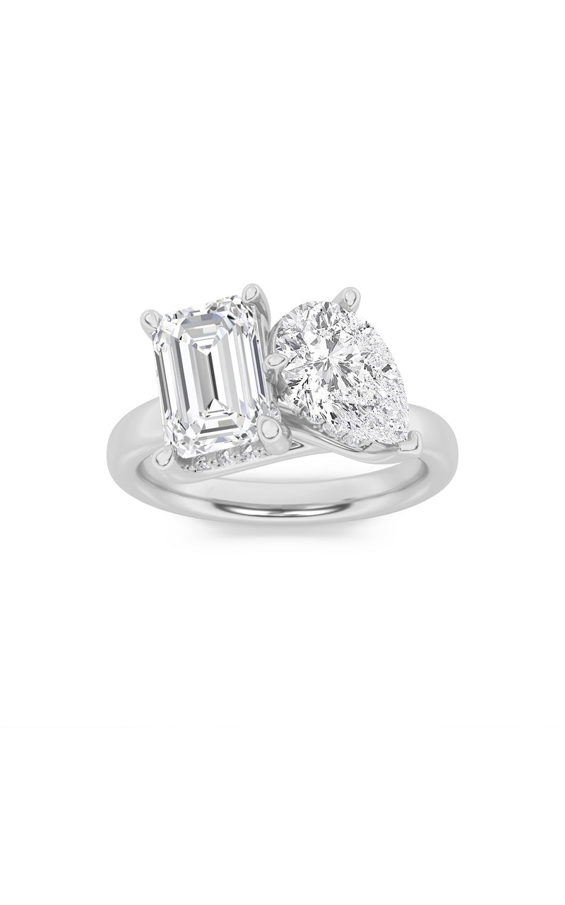 3Cttw Emerald Shaped Lab Grown Diamond (F/VS) Toi et Moi Engagement Ring in 14K Gold