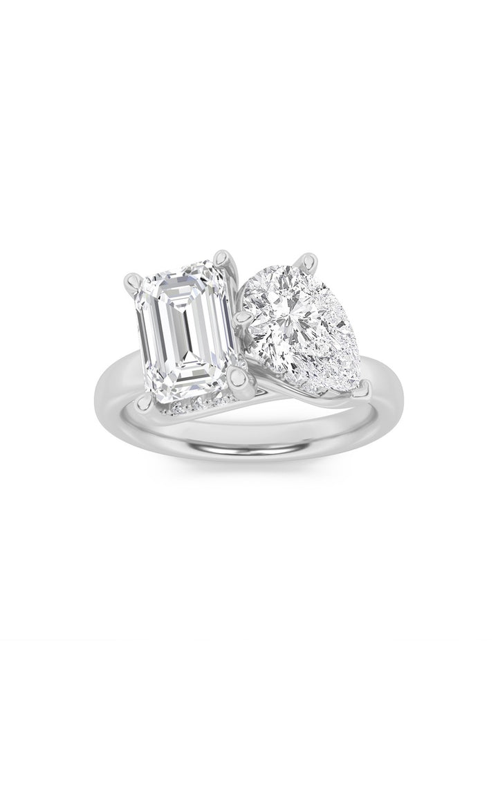 3Cttw Emerald Shaped Lab Grown Diamond (F/VS) Toi et Moi Engagement Ring in 14K Gold