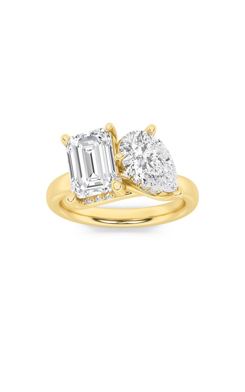 3Cttw Emerald Shaped Lab Grown Diamond (F/VS) Toi et Moi Engagement Ring in 14K Gold
