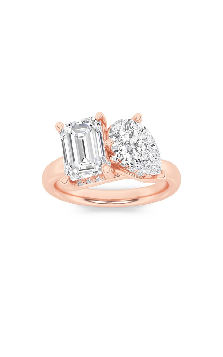 3Cttw Emerald Shaped Lab Grown Diamond (F/VS) Toi et Moi Engagement Ring in 14K Gold