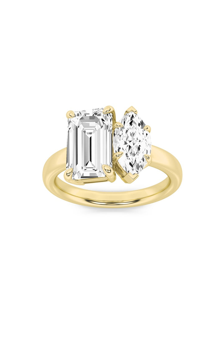 3Cttw Emerald Shaped Lab Grown Diamond (F/VS) Toiet Moi Engagement Ring in 14K Gold