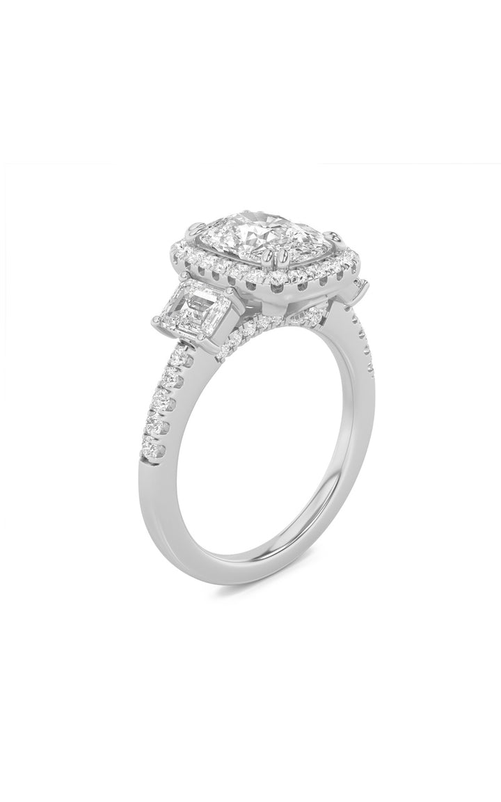 3Cttw Elongated Cushion Shaped Lab Grown Diamond (F/VS) Accented Three Stone Ring in 14K Gold