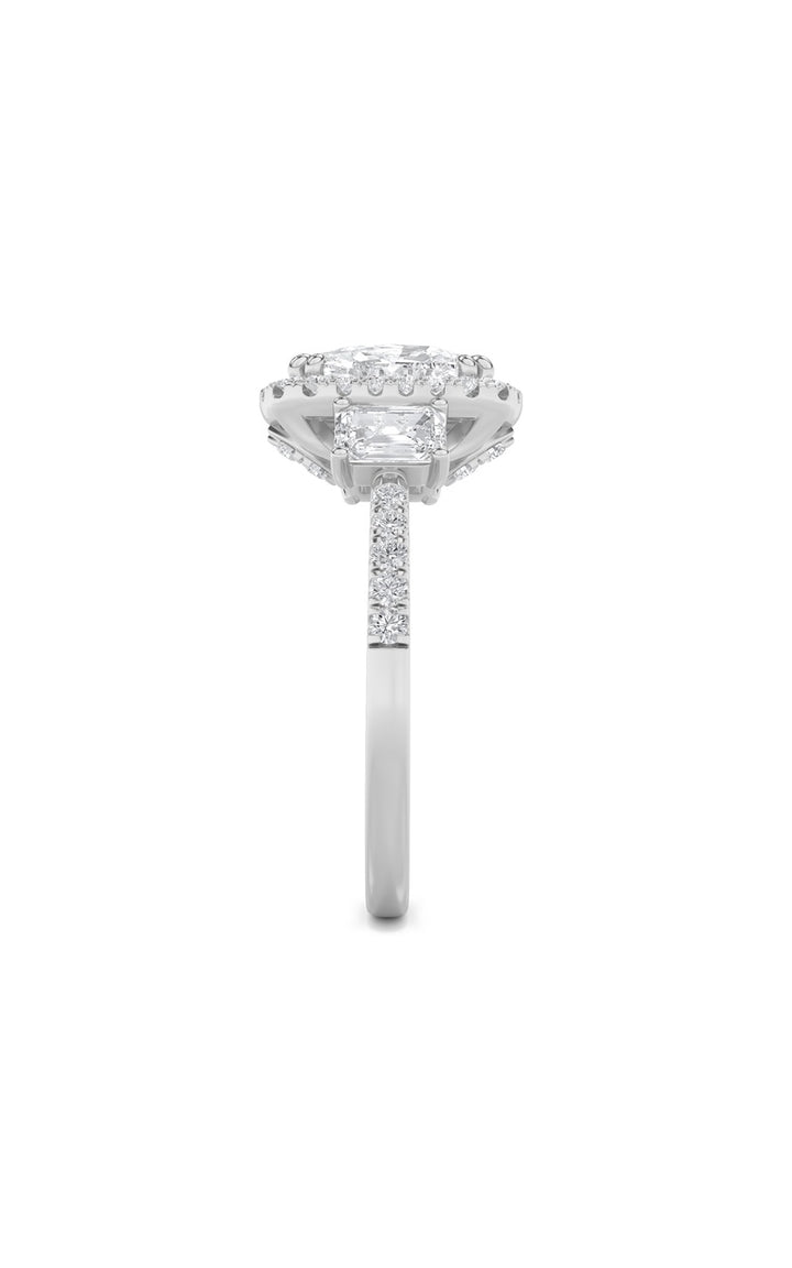 3Cttw Elongated Cushion Shaped Lab Grown Diamond (F/VVS) Accented Three Stone Ring in 14K Gold