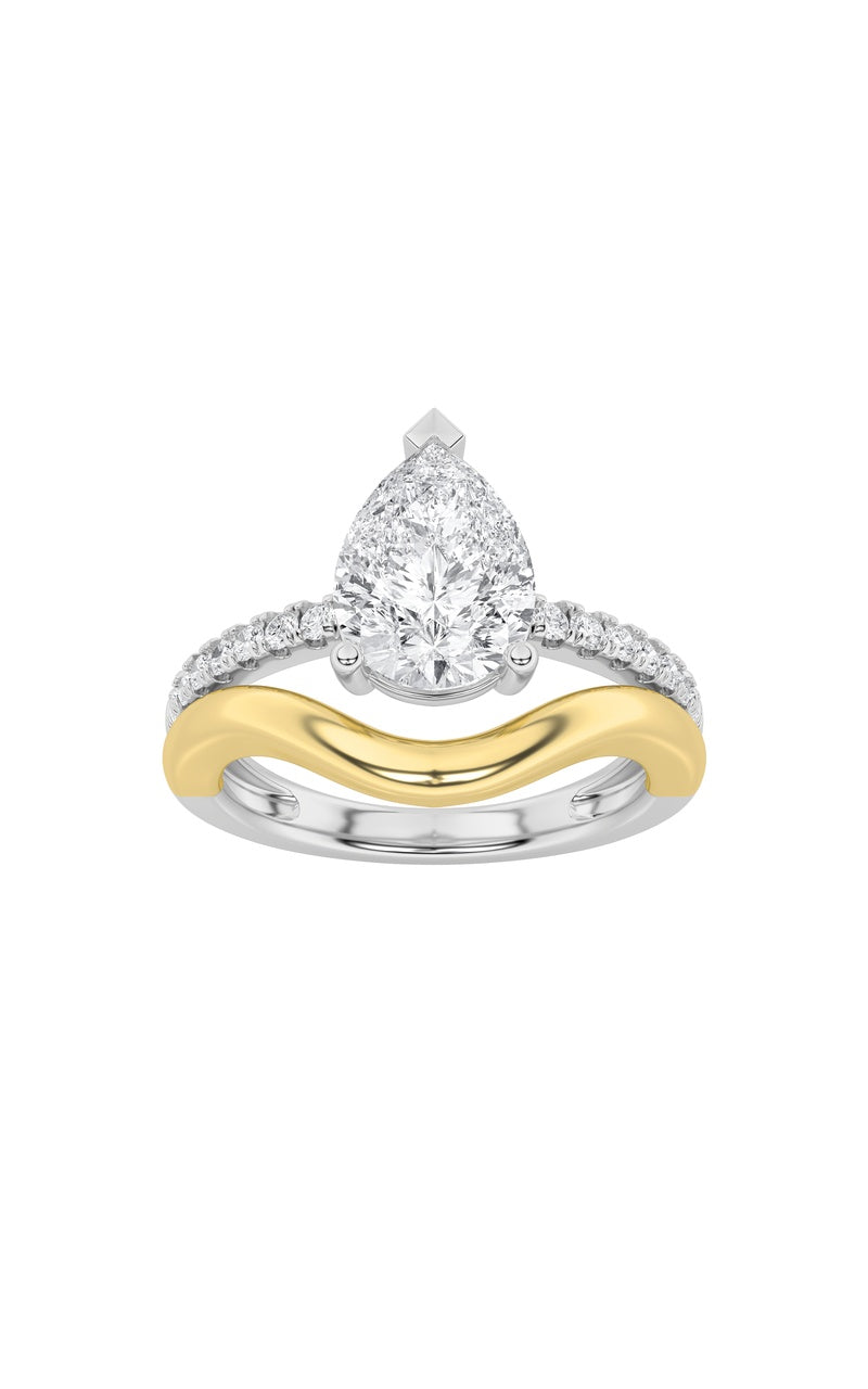2Cttw Pear Shaped Lab Grown Diamond (F/VS) Two Tone Wave Inspired Engagement Ring in 14K Gold
