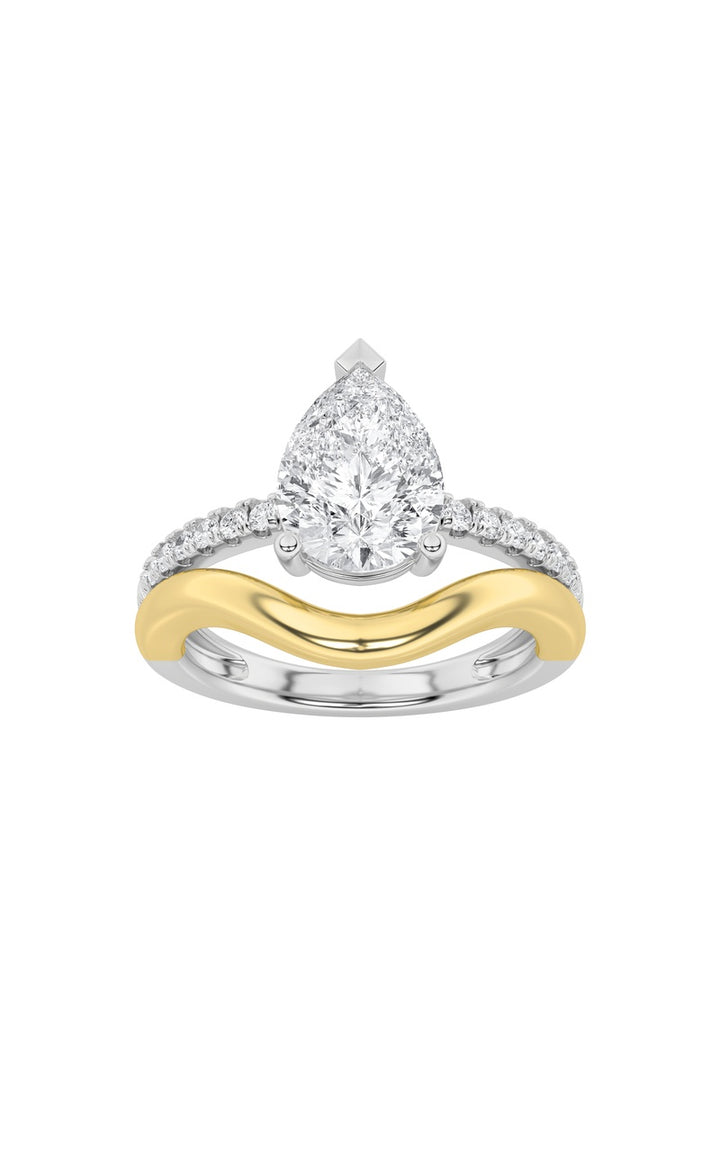 2Cttw Pear Shaped Lab Grown Diamond (F/VS) Two Tone Wave Inspired Engagement Ring in 14K Gold