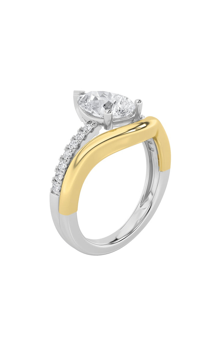 2Cttw Pear Shaped Lab Grown Diamond (F/VS) Two Tone Wave Inspired Engagement Ring in 14K Gold