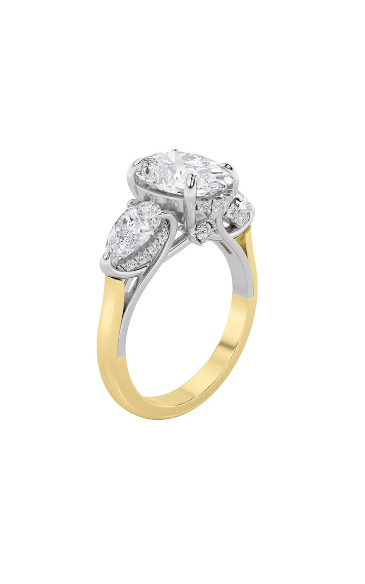 4CTW Oval Shaped Lab Grown Diamond (F/VS) Accented Three Stone Ring in 14K Gold