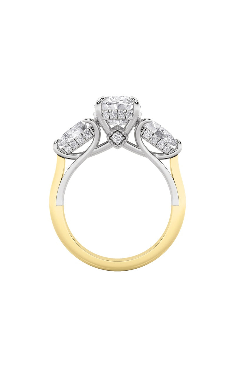 4CTW Oval Shaped Lab Grown Diamond (F/VS) Accented Three Stone Ring in 14K Gold