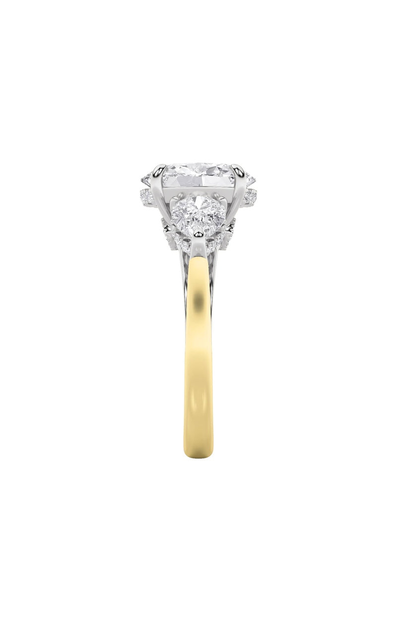 4CTW Oval Shaped Lab Grown Diamond (F/VS) Accented Three Stone Ring in 14K Gold