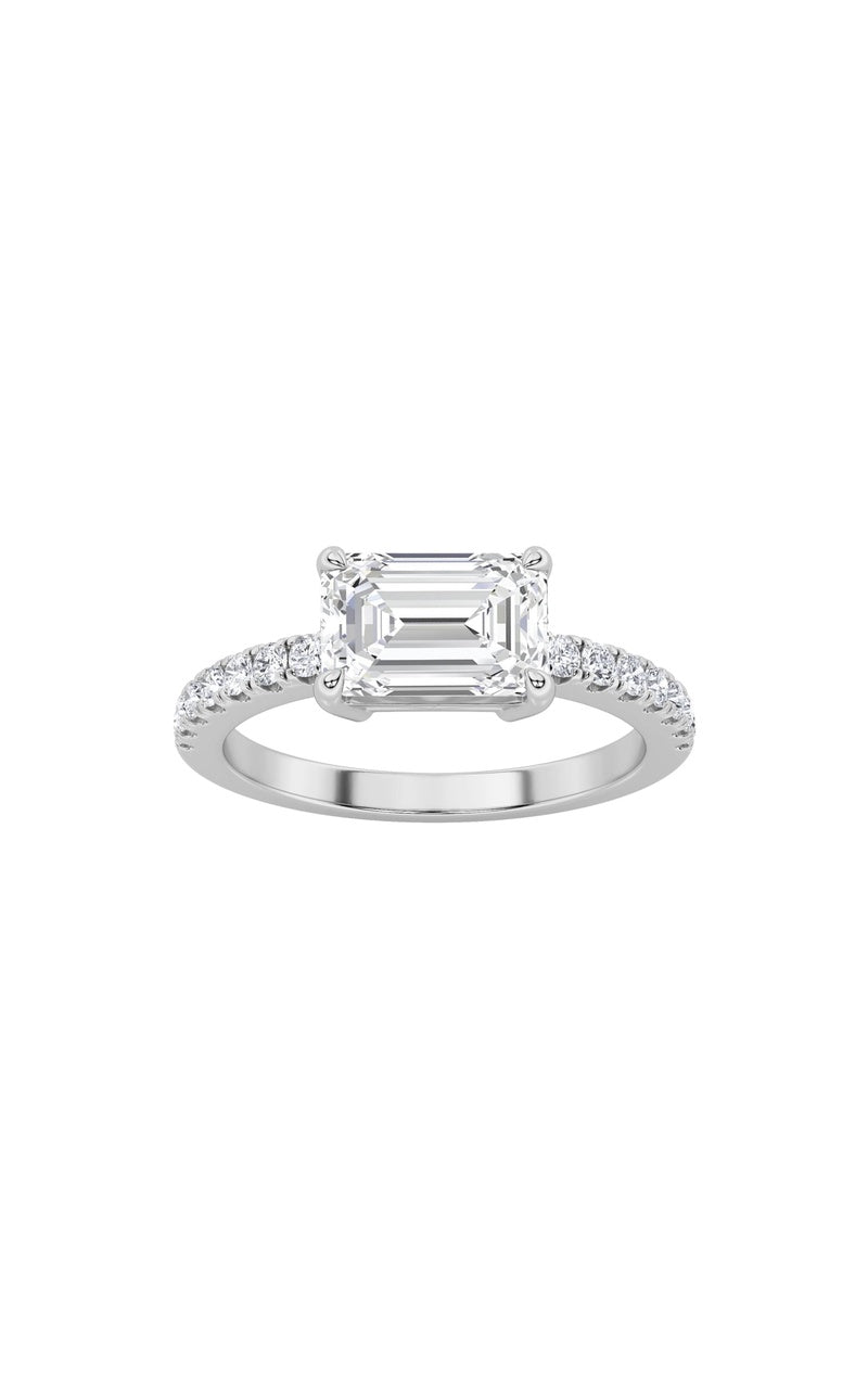 1.5Cttw Emerald Shaped Lab Grown Diamond (F/VS) East West Accented Ring in 14K Gold