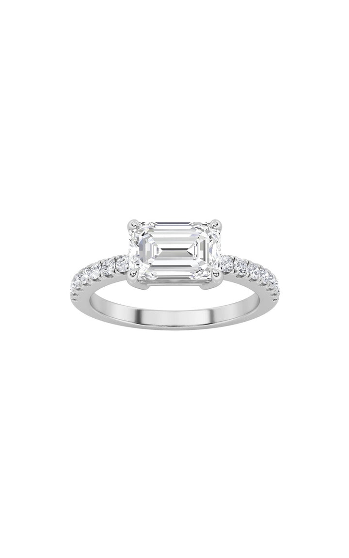 1.5Cttw Emerald Shaped Lab Grown Diamond (F/VS) East West Accented Ring in 14K Gold