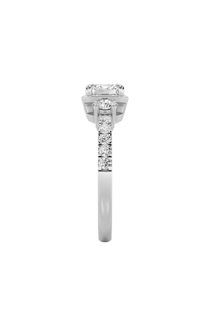 2CTW Emerald Shaped Lab Grown Diamond (F/VS) East West Accented Three Stone Ring in 14K Gold