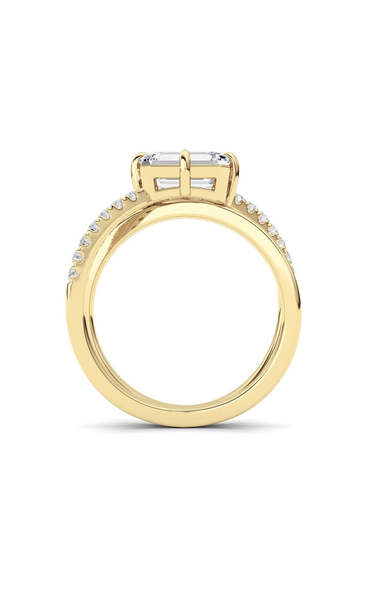 2CTW Emerald Shaped Lab Grown Diamond (F/VS) East West Accented Solitaire Ring in 14K Gold