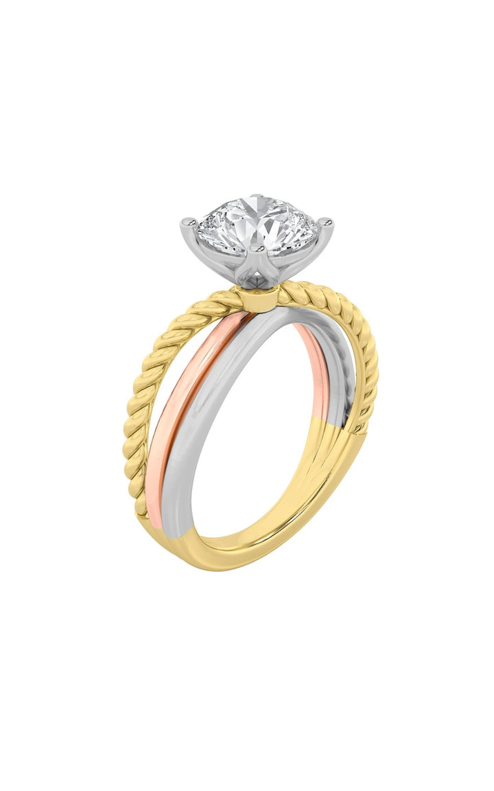 2CTW Round Shaped Lab Grown Diamond (F/VS) Tri Color Solitaire Fancy Ring in 14K Gold