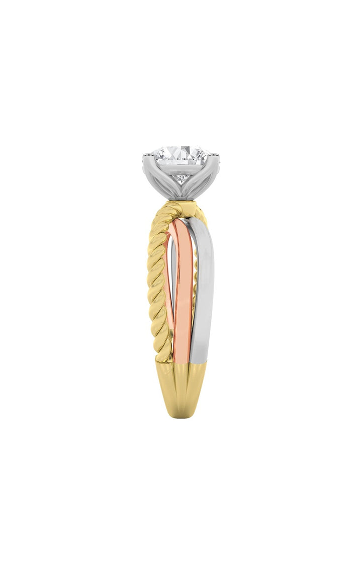 2CTW Round Shaped Lab Grown Diamond (F/VS) Tri Color Solitaire Fancy Ring in 14K Gold