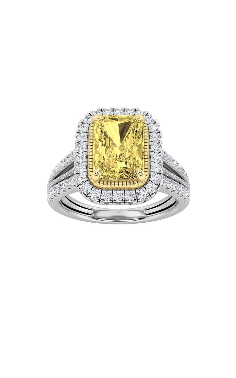 2.5CTW Radiant Shaped Fancy Yellow Lab Grown Diamond (F/VS) Split Shank Halo Engagement Ring in 14K Gold