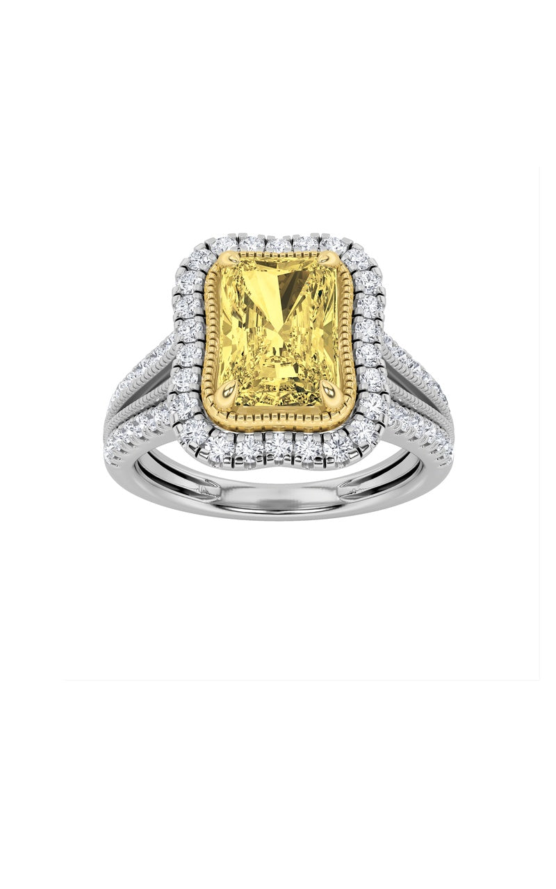 2.5CTW Radiant Shaped Fancy Yellow Lab Grown Diamond (F/VS) Split Shank Halo Engagement Ring in 14K Gold