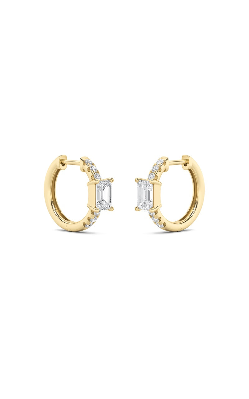 1.5Cttw Emerald Shaped Lab Grown Diamond (F/VS) Solitare Accent Huggie Earrings in 10K Gold