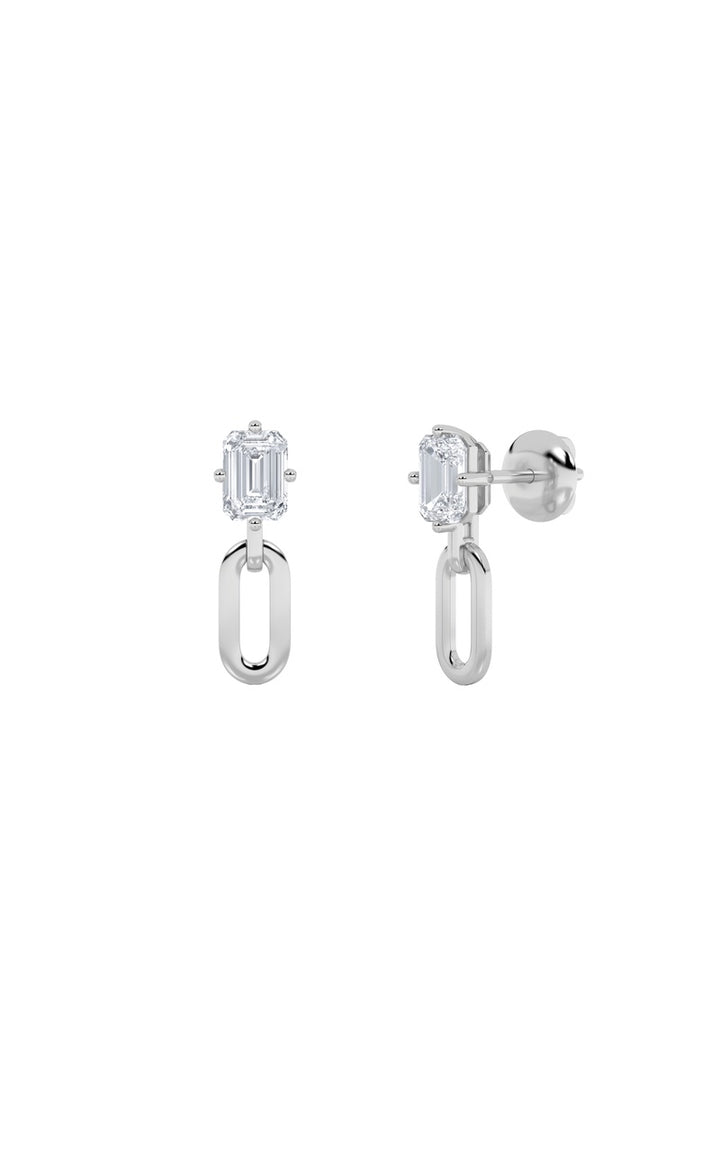 1Cttw Emerald Shaped Lab Grown Diamond (F/VS) Paperclip Dangle Earrings in 14K White Gold